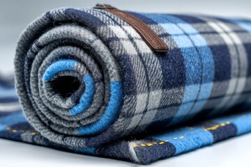 Poster - Cozy plaid blanket rolled neatly with blue tones, perfect for outdoor adventures and chilly evenings