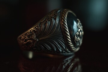 Poster - Intricate silver ring featuring floral design displayed on dark surface with subtle reflections