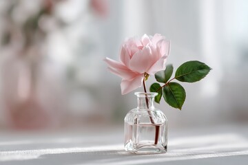Poster - Soft pink rose in a glass vase adding elegance to a sunlit indoor space