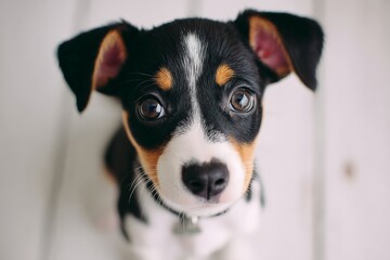 Wall Mural - cute black and tan puppy looking up on a wooden floor with curious expression captured indoors durin