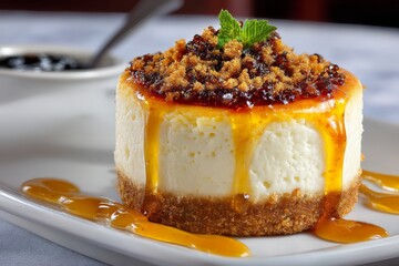 Poster - Delicious dessert with creamy cheesecake topped with caramel sauce and sprinkled with crunchy toppings served on a white plate