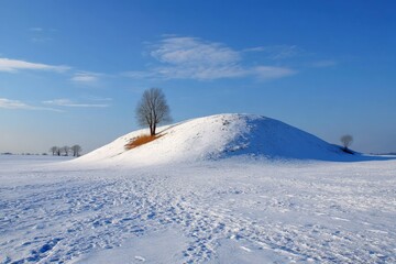 Poster - Snow-covered hill with a single tree under a clear blue sky during winter daylight
