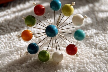 Aufkleber - Colorful decorative pins arranged in a circular pattern on a textured white surface during daylight