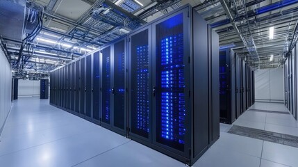 Aufkleber - Sleek, high-security server room with rows of black server cabinets and blue indicator lights, suitable for cybersecurity, hosting, and IT infrastructure presentations