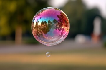 Poster - Colorful soap bubble floating in a sunlit park setting with blurred background depicting trees and a serene atmosphere