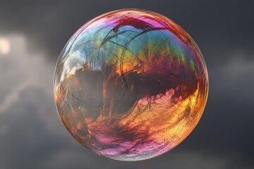 Poster - Colorful soap bubble floating in the sky during a cloudy day