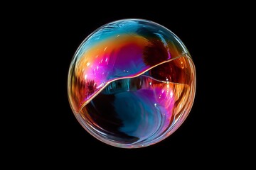 Fototapete - Colorful soap bubble floating against a dark background reflecting vibrant hues and intriguing shapes of light