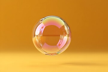 Aufkleber - Colorful soap bubble floating in the air against a vibrant yellow background during a bright afternoon