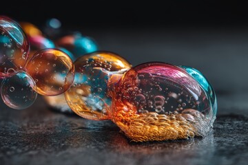Fototapete - Colorful soap bubbles glistening with vibrant hues and reflections on a dark surface