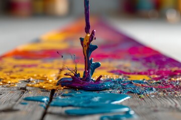 Poster - Vibrant paint splashes create colorful patterns on a wooden surface during an art session