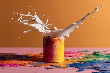 Poster - Colorful paint splashes from a can on a vibrant surface during an artistic creation session in a studio