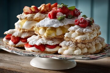 Poster - Layers of delicate pastry topped with fresh fruit and cream create an inviting dessert display