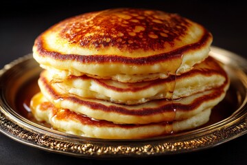 Aufkleber - Stack of fluffy pancakes drizzled with syrup on a decorative plate at a cozy breakfast setting