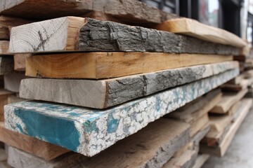 Aufkleber - Wood materials stacked for woodworking projects in a workshop seen during daylight hours