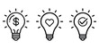 © Design lab 234 - Three creative light bulb icons with dollar, heart, and check mark symbols, representing ideas, innovation, finance, and success.