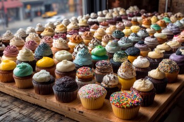 Aufkleber - Colorful display of assorted cupcakes at a vibrant bakery in the afternoon sunlight