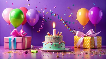Poster - A Festive Birthday Celebration Scene Featuring a Delicious Two-Layered Cake, Colorful Balloons, and Wrapped Presents, All Adorned with Sparkling Confetti