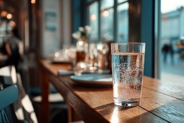Poster - Clear glass of sparkling water on wooden table during daylight with blurred background of cafe ambiance