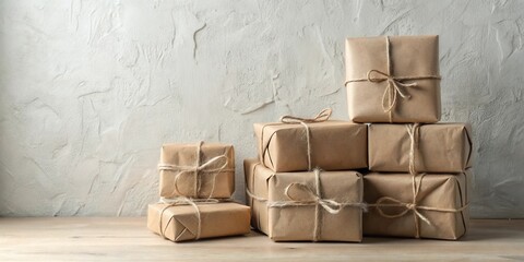 Poster - A Collection of Rustic Brown Packages Tied with Twine, Arranged on a Wooden Surface Against a Textured White Wall