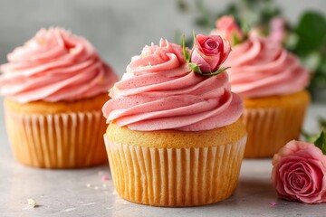 Poster - Delicious pink frosted cupcakes decorated with roses on a light background