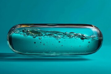 Aufkleber - Clear glass capsule filled with water and bubbles against a vibrant teal background