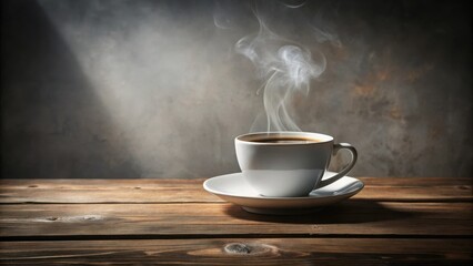 Aufkleber - Aromatic Steam Rising from a Cup of Coffee on Rustic Wooden Surface