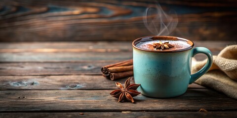Poster - Aromatic Spiced Beverage in Rustic Mug with Cinnamon Sticks and Star Anise on Wooden Table