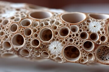Poster - Unique close-up of a naturally crafted wooden piece showcasing intricate patterns and holes formed by nature's design