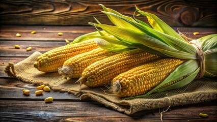 Aufkleber - Golden Ears of Corn Resting on Rustic Burlap, a Harvest Bounty Displayed on Weathered Wooden Surface