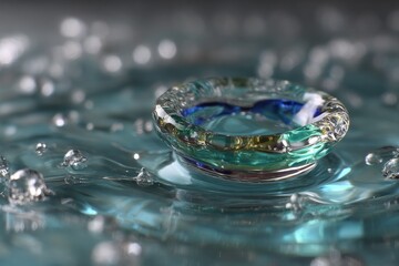 Poster - Colorful droplet creating ripples on water surface in a serene indoor setting with soft light reflections