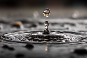 Poster - Water droplet creates ripple effect in a calm puddle during late afternoon light