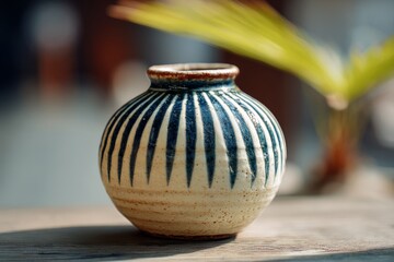 Poster - Decorative ceramic vase with striped patterns displayed in a sunlit setting surrounded by green foliage