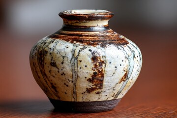 Poster - Unique ceramic vase with intricate patterns displayed on a wooden surface in a well-lit environment