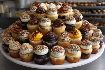 Poster - Cupcake tower displaying a variety of colorful treats in a bakery during a festive event
