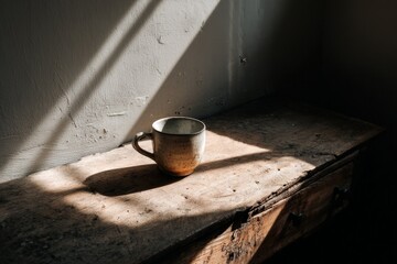 Poster - Sunlight casts shadows on a rustic wooden table with a ceramic cup resting peacefully among dust particles