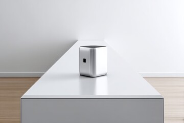 Poster - Modern minimalist design highlights a sleek metallic speaker on a simple white table in a bright, spacious room