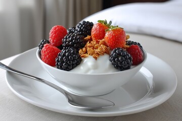 Poster - Fresh yogurt bowl topped with mixed berries and granola served on a white plate in a cozy setting