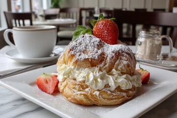 Aufkleber - Exquisite pastry topped with strawberry served with coffee in a cozy cafe setting