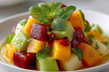 Aufkleber - Fresh fruit salad with vibrant colors and herbs served in a bowl as a refreshing snack or dessert