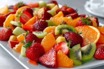 Poster - Fresh fruit salad displayed on a white platter with colorful fruits including strawberries, oranges, and kiwis