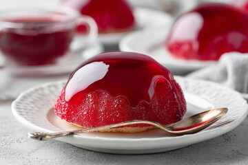 Poster - Colorful gelatin dessert served on a plate with a silver spoon near a cup of tea in a cozy setting
