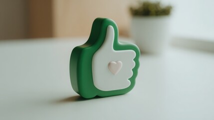 Poster - Close-up view of a green and white thumb icon representing positive feedback and welfare impact measurement concept