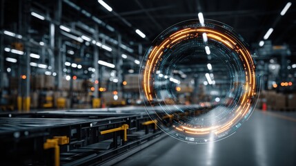 Poster - detailed close-up of a camera lens situated in a factory environment representing industrial trade z