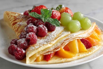 Aufkleber - Delicious crepes filled with fresh fruits served at a bright morning brunch in a cozy cafe