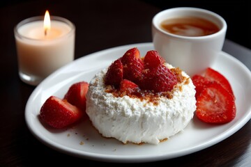 Poster - Fresh strawberries atop a creamy dessert served with coffee and candlelight ambiance in a cozy setting