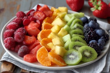 Poster - Colorful fruit platter arranged in rainbow style, perfect for summer gatherings or healthy snacks