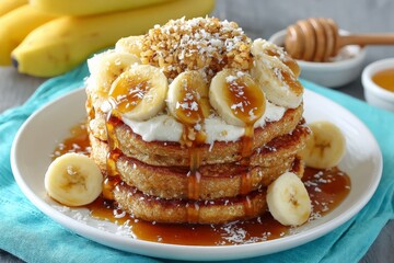 Aufkleber - Delicious banana pancakes stacked high with honey and walnuts for a perfect morning treat
