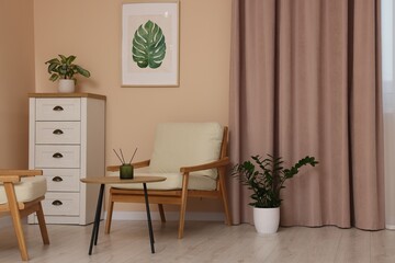 Aufkleber - Stylish room interior with comfortable armchairs and beautiful window curtains