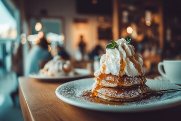 Poster - Fluffy pancakes topped with whipped cream and syrup served in a cozy cafe setting during brunch hours