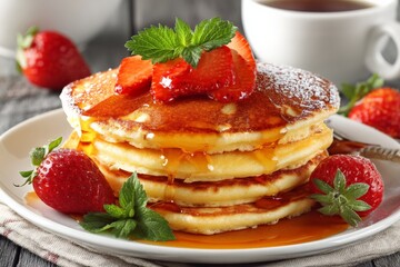 Aufkleber - Delicious stack of fluffy pancakes topped with fresh strawberries and syrup served with coffee in a cozy setting